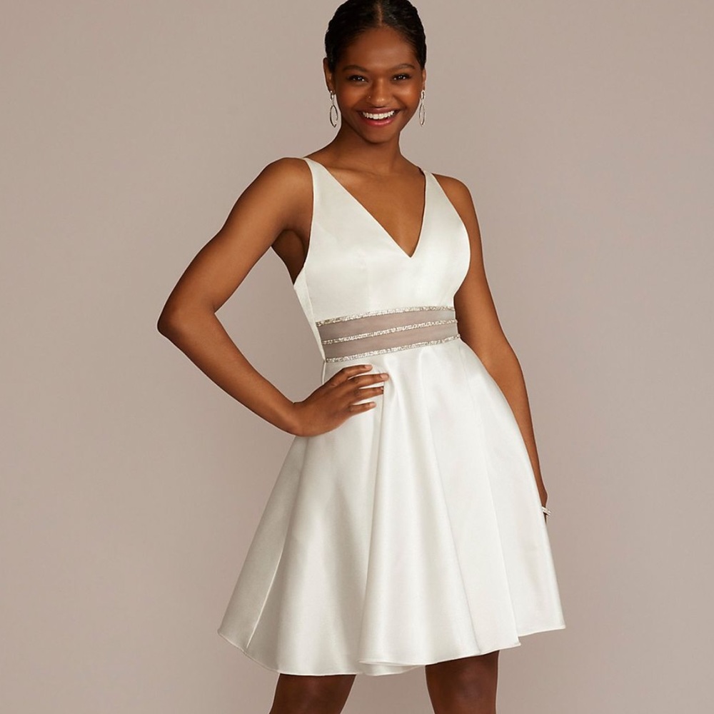 David’s Bridal/bachelorette Satin A-Line embellished illusion waist dress! NWT
